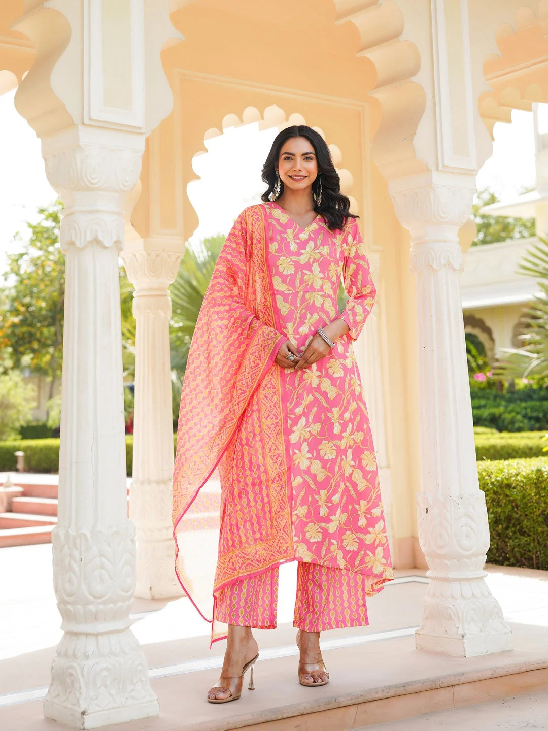 Women Pink Rayon Blend Floral Printed A-Line Kurta Palazzo With Dupatta