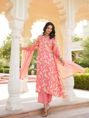 Women Pink Rayon Blend Floral Printed A-Line Kurta Palazzo With Dupatta-VKSKD2347