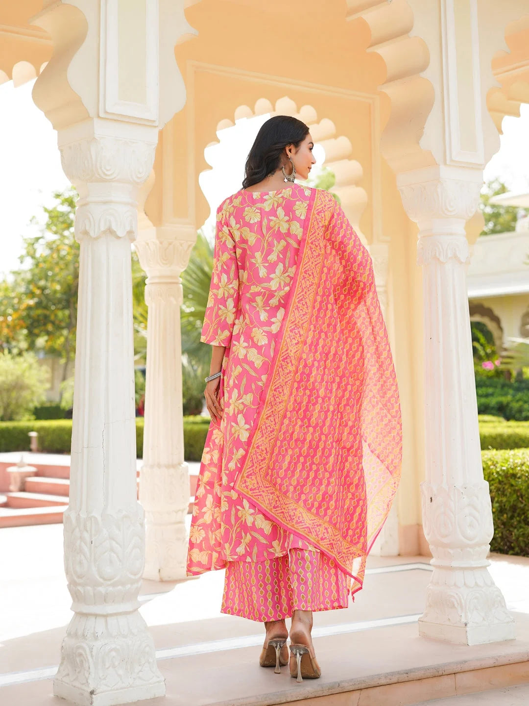 Women Pink Rayon Blend Floral Printed A-Line Kurta Palazzo With Dupatta