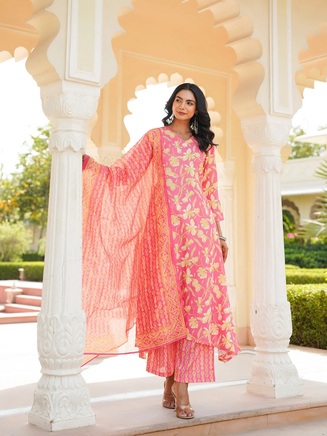 Women Pink Rayon Blend Floral Printed A-Line Kurta Palazzo With Dupatta