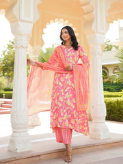 Women Pink Rayon Blend Floral Printed A-Line Kurta Palazzo With Dupatta-VKSKD2347