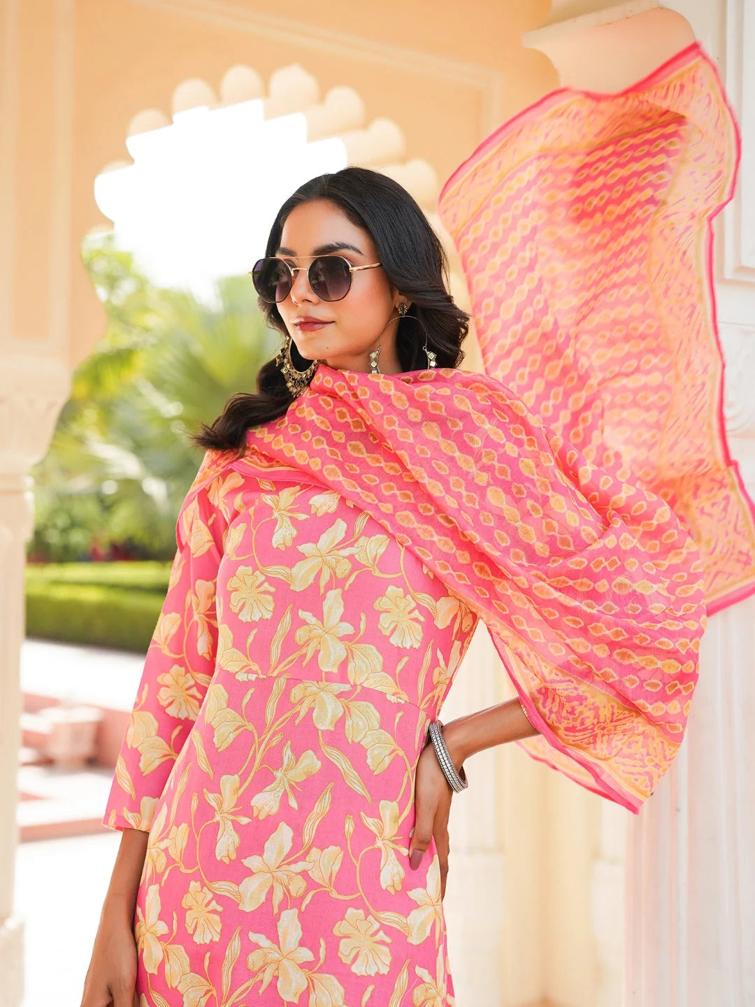 Women Pink Rayon Blend Floral Printed A-Line Kurta Palazzo With Dupatta