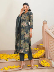 Women Green Rayon Blend Floral Printed Straight Kurta Trouser With Dupatta-VKSKD2348