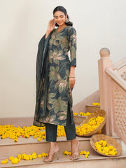 Women Green Rayon Blend Floral Printed Straight Kurta Trouser With Dupatta-VKSKD2348