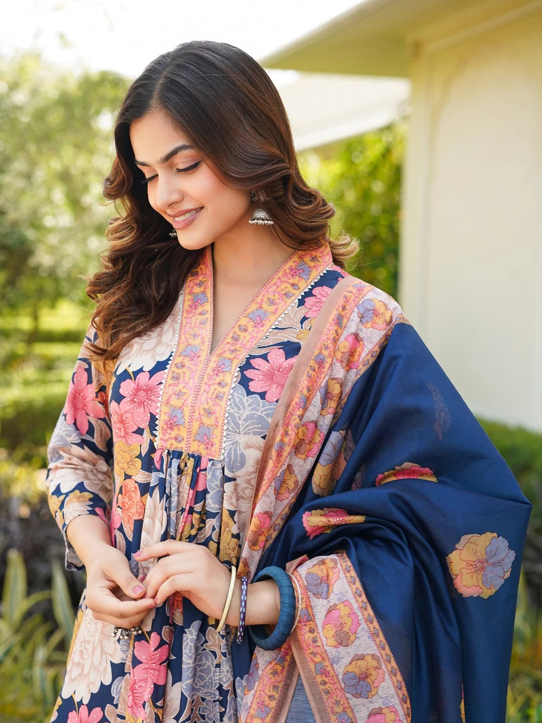 Women Navy Blue Rayon Blend Floral Printed A-Line Kurta Palazzo With Dupatta