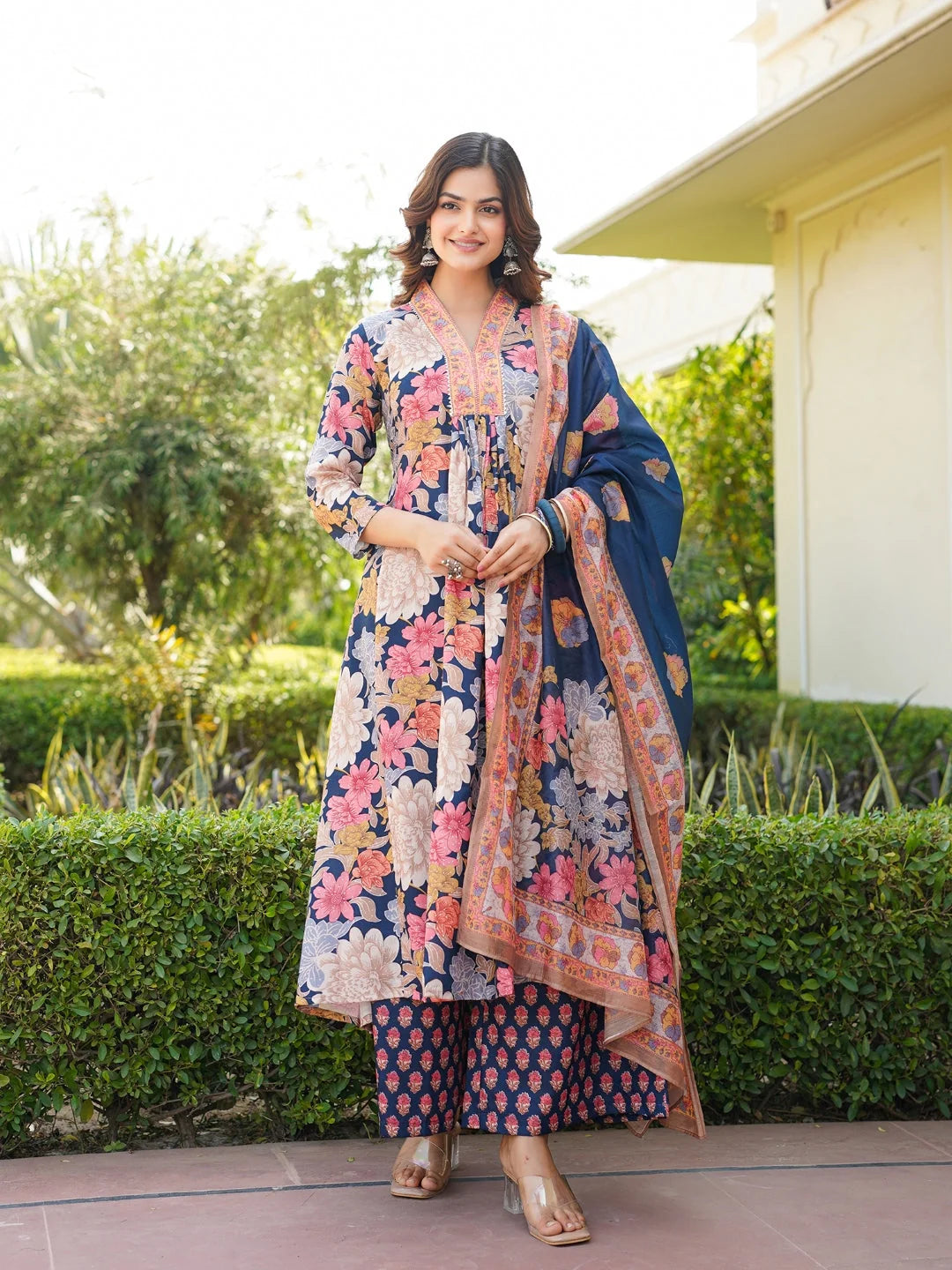 Women Navy Blue Rayon Blend Floral Printed A-Line Kurta Palazzo With Dupatta