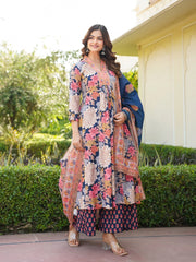 Women Navy Blue Rayon Blend Floral Printed A-Line Kurta Palazzo With Dupatta-VKSKD2349