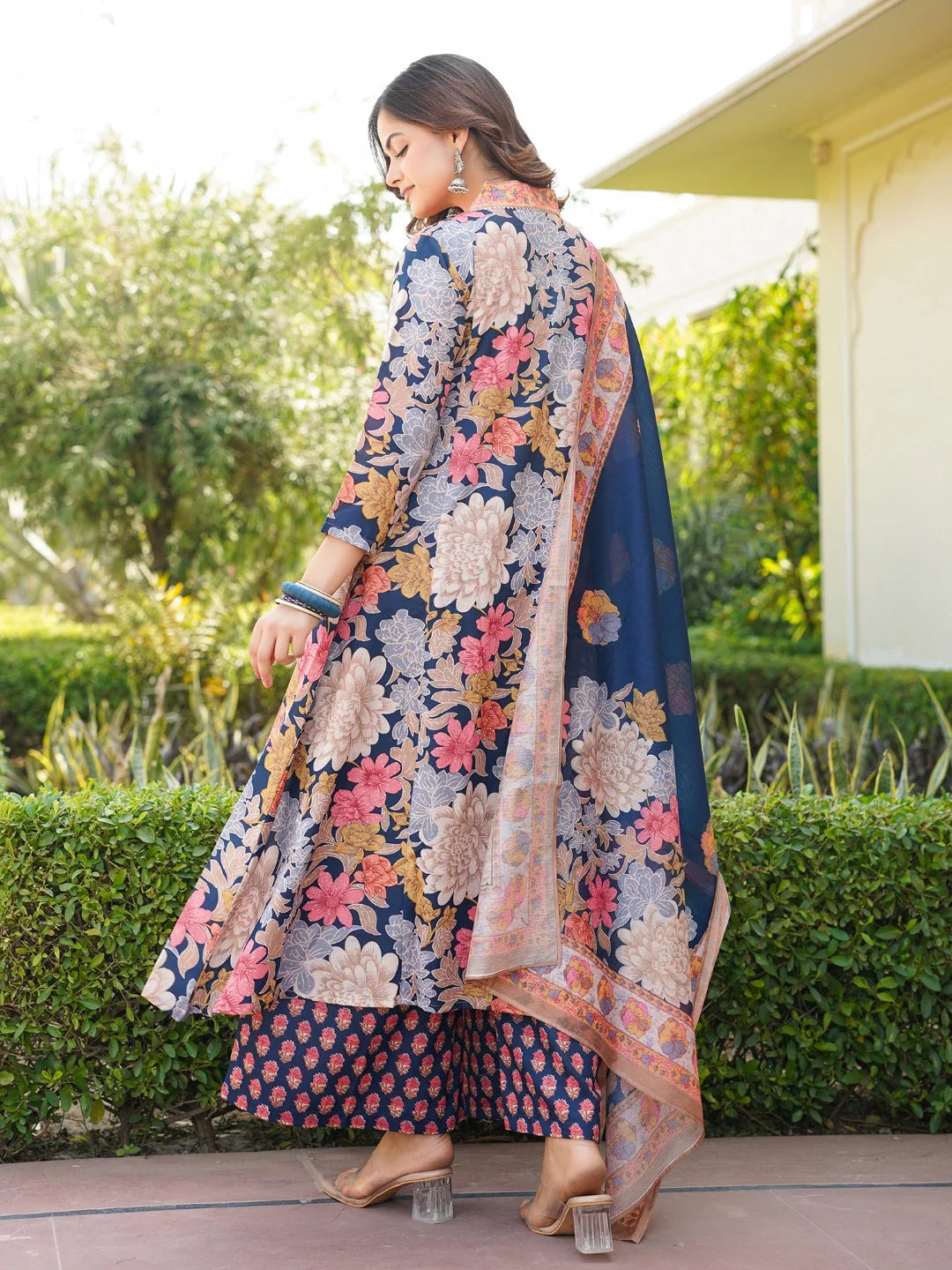 Women Navy Blue Rayon Blend Floral Printed A-Line Kurta Palazzo With Dupatta