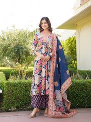 Women Navy Blue Rayon Blend Floral Printed A-Line Kurta Palazzo With Dupatta-VKSKD2349
