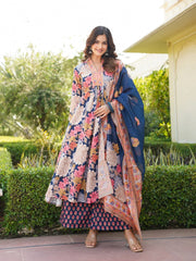 Women Navy Blue Rayon Blend Floral Printed A-Line Kurta Palazzo With Dupatta-VKSKD2349