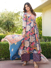 Women Navy Blue Rayon Blend Floral Printed A-Line Kurta Palazzo With Dupatta-VKSKD2349