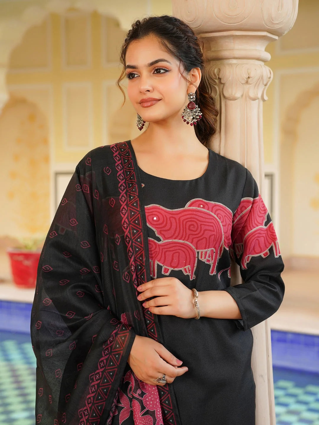 Women Black Rayon Blend Ethnic Motifs Printed Straight Kurta Trouser With Dupatta