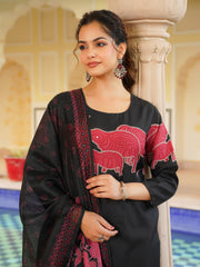 Women Black Rayon Blend Ethnic Motifs Printed Straight Kurta Trouser With Dupatta-VKSKD2350