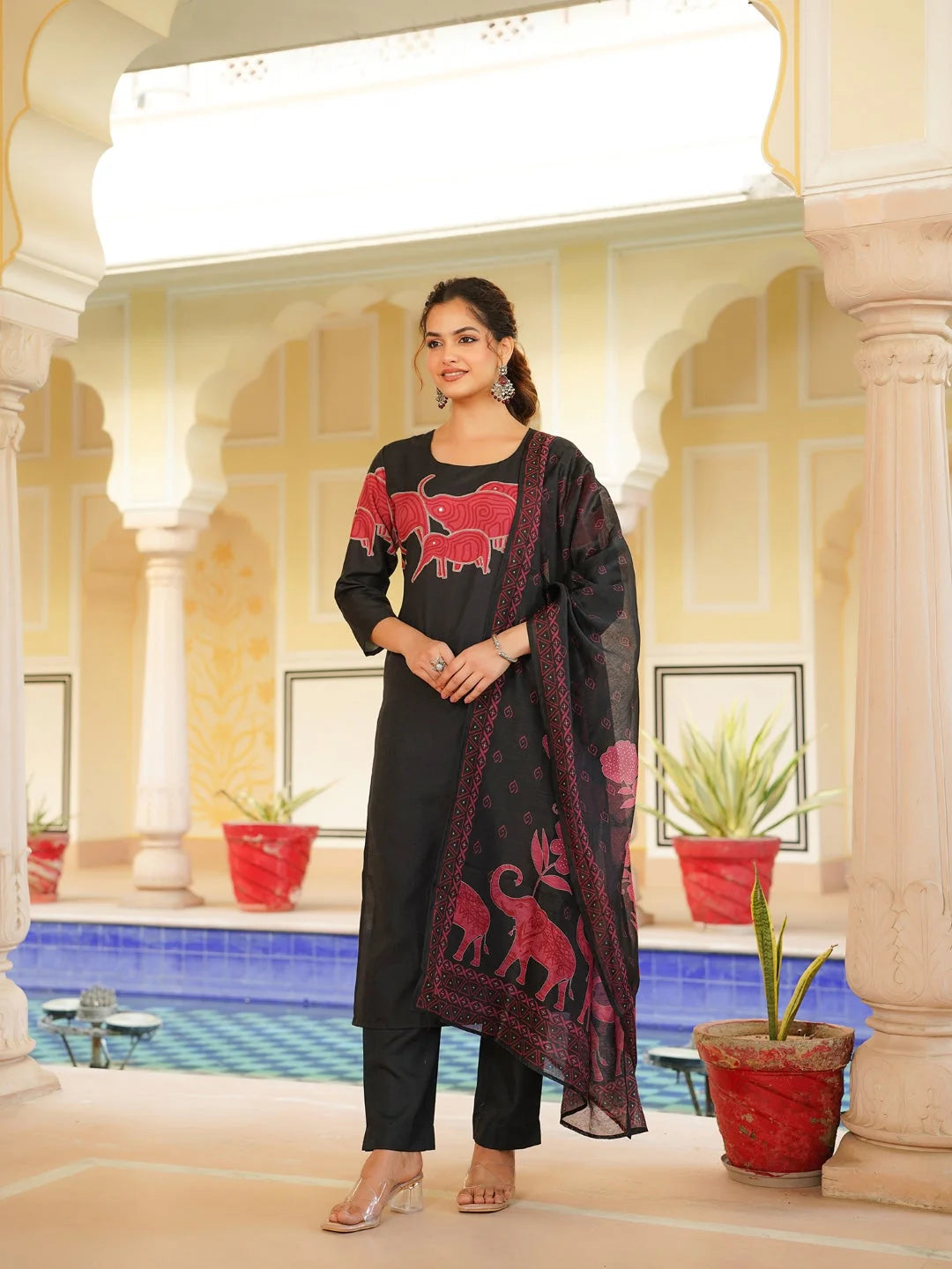 Women Black Rayon Blend Ethnic Motifs Printed Straight Kurta Trouser With Dupatta