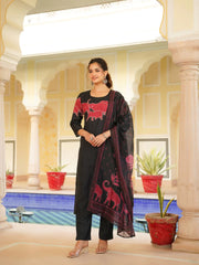 Women Black Rayon Blend Ethnic Motifs Printed Straight Kurta Trouser With Dupatta-VKSKD2350