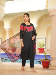 Women Black Rayon Blend Ethnic Motifs Printed Straight Kurta Trouser With Dupatta-VKSKD2350