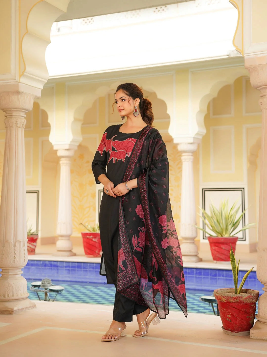 Women Black Rayon Blend Ethnic Motifs Printed Straight Kurta Trouser With Dupatta