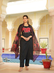 Women Black Rayon Blend Ethnic Motifs Printed Straight Kurta Trouser With Dupatta-VKSKD2350