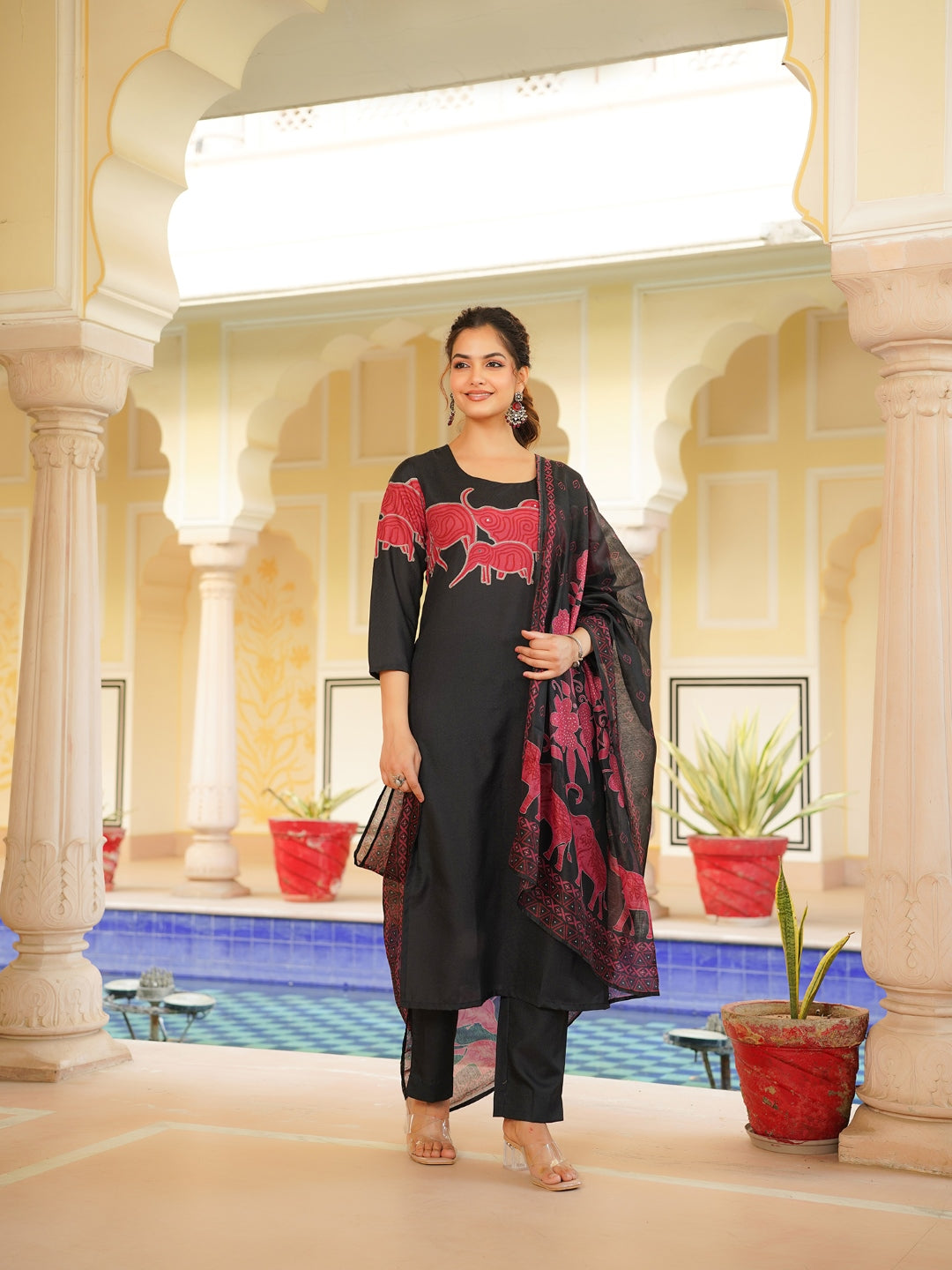 Women Black Rayon Blend Ethnic Motifs Printed Straight Kurta Trouser With Dupatta