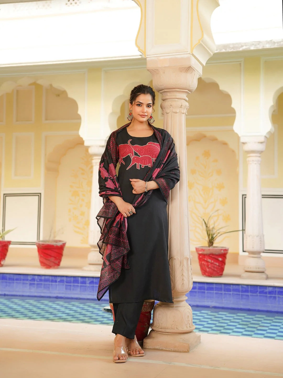 Women Black Rayon Blend Ethnic Motifs Printed Straight Kurta Trouser With Dupatta