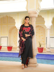 Women Black Rayon Blend Ethnic Motifs Printed Straight Kurta Trouser With Dupatta-VKSKD2350