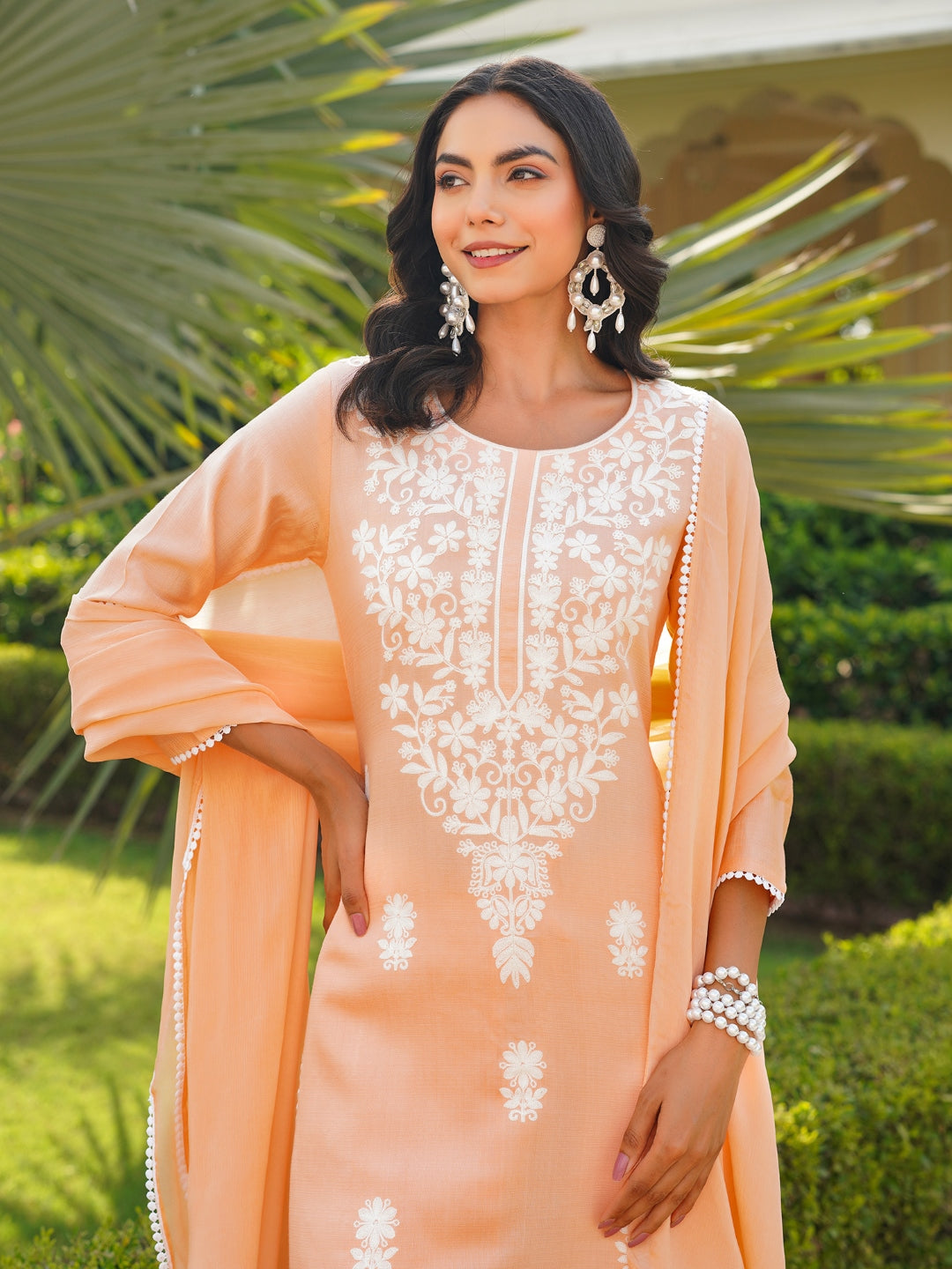 Women Peach Viscose Solid Embroidered Straight Kurta Palazzo With Dupatta-VKSKD2351