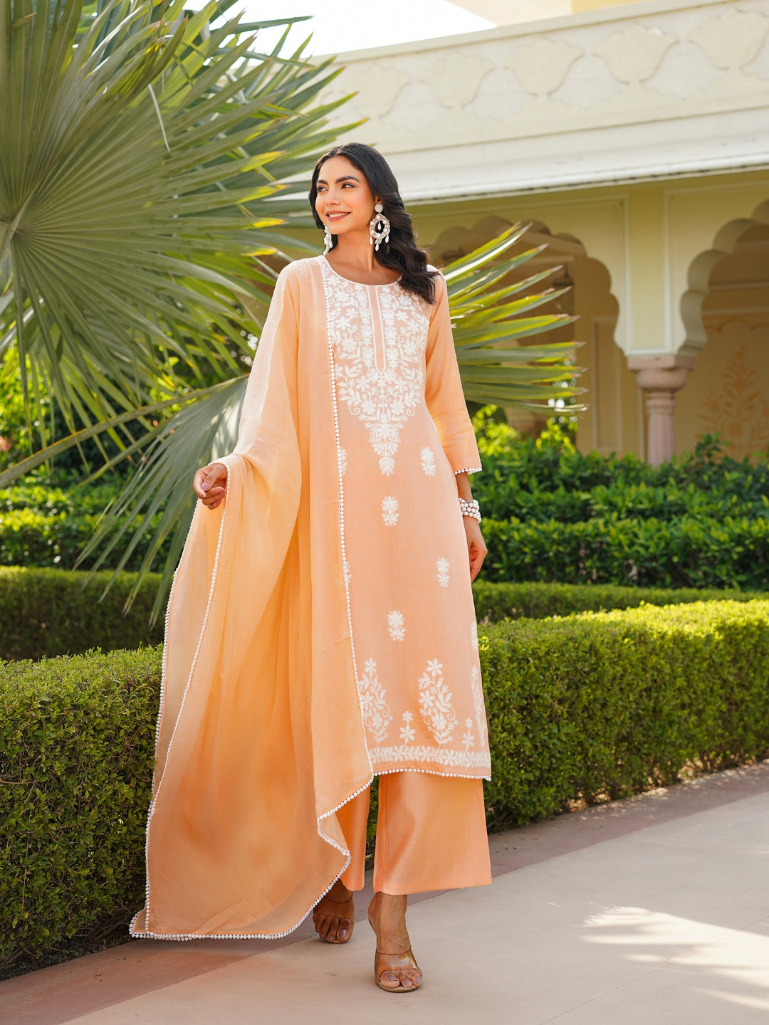 Women Peach Viscose Solid Embroidered Straight Kurta Palazzo With Dupatta