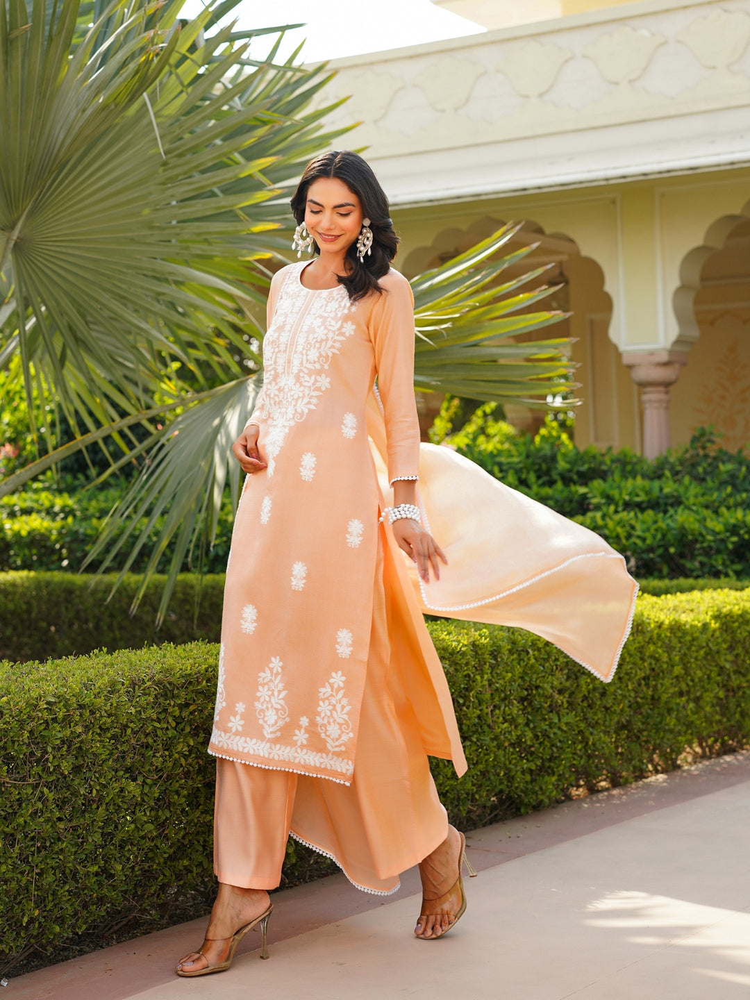 Women Peach Viscose Solid Embroidered Straight Kurta Palazzo With Dupatta