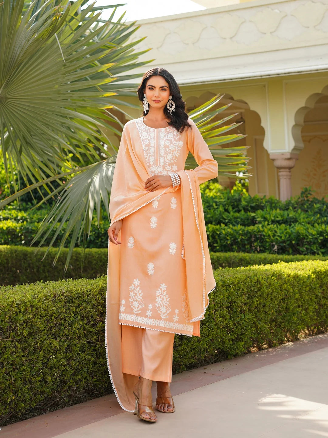 Women Peach Viscose Solid Embroidered Straight Kurta Palazzo With Dupatta
