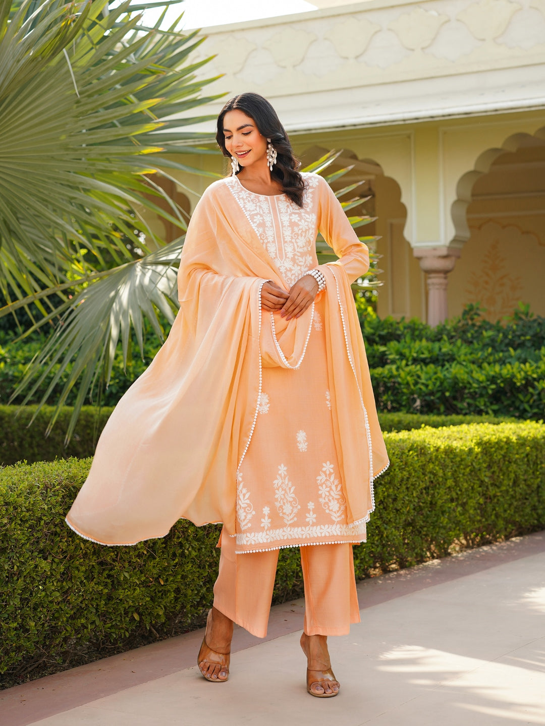 Women Peach Viscose Solid Embroidered Straight Kurta Palazzo With Dupatta