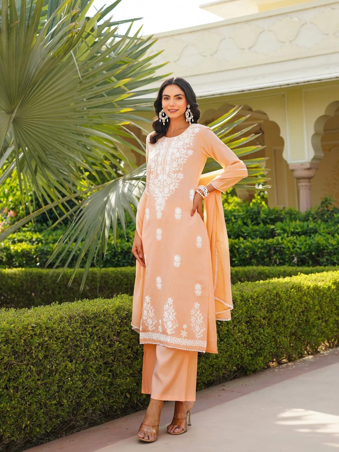 Women Peach Viscose Solid Embroidered Straight Kurta Palazzo With Dupatta