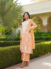 Women Peach Viscose Solid Embroidered Straight Kurta Palazzo With Dupatta-VKSKD2351