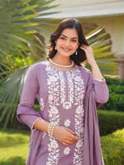 Women Lavender Viscose Solid Embroidered Straight Kurta Palazzo With Dupatta-VKSKD2352