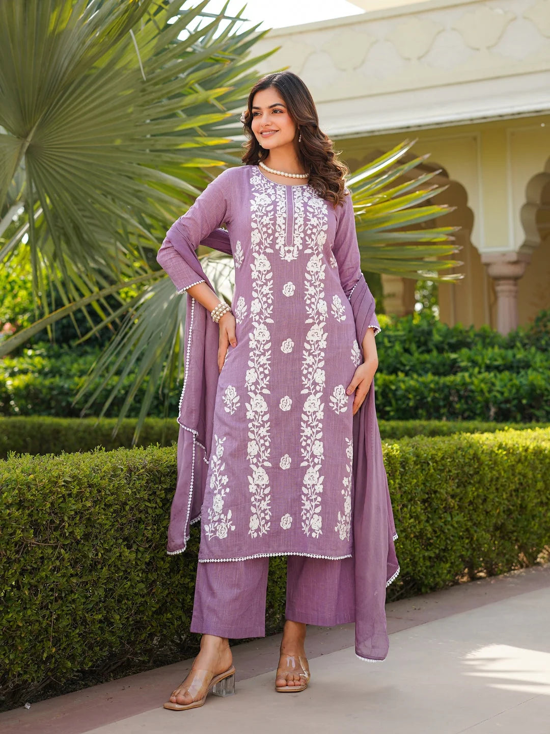 Women Lavender Viscose Solid Embroidered Straight Kurta Palazzo With Dupatta
