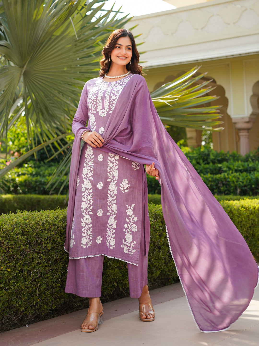 Women Lavender Viscose Solid Embroidered Straight Kurta Palazzo With Dupatta