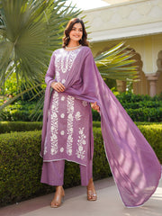 Women Lavender Viscose Solid Embroidered Straight Kurta Palazzo With Dupatta-VKSKD2352