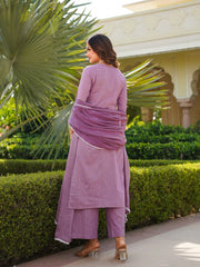 Women Lavender Viscose Solid Embroidered Straight Kurta Palazzo With Dupatta-VKSKD2352