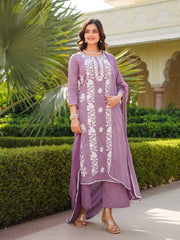 Women Lavender Viscose Solid Embroidered Straight Kurta Palazzo With Dupatta-VKSKD2352