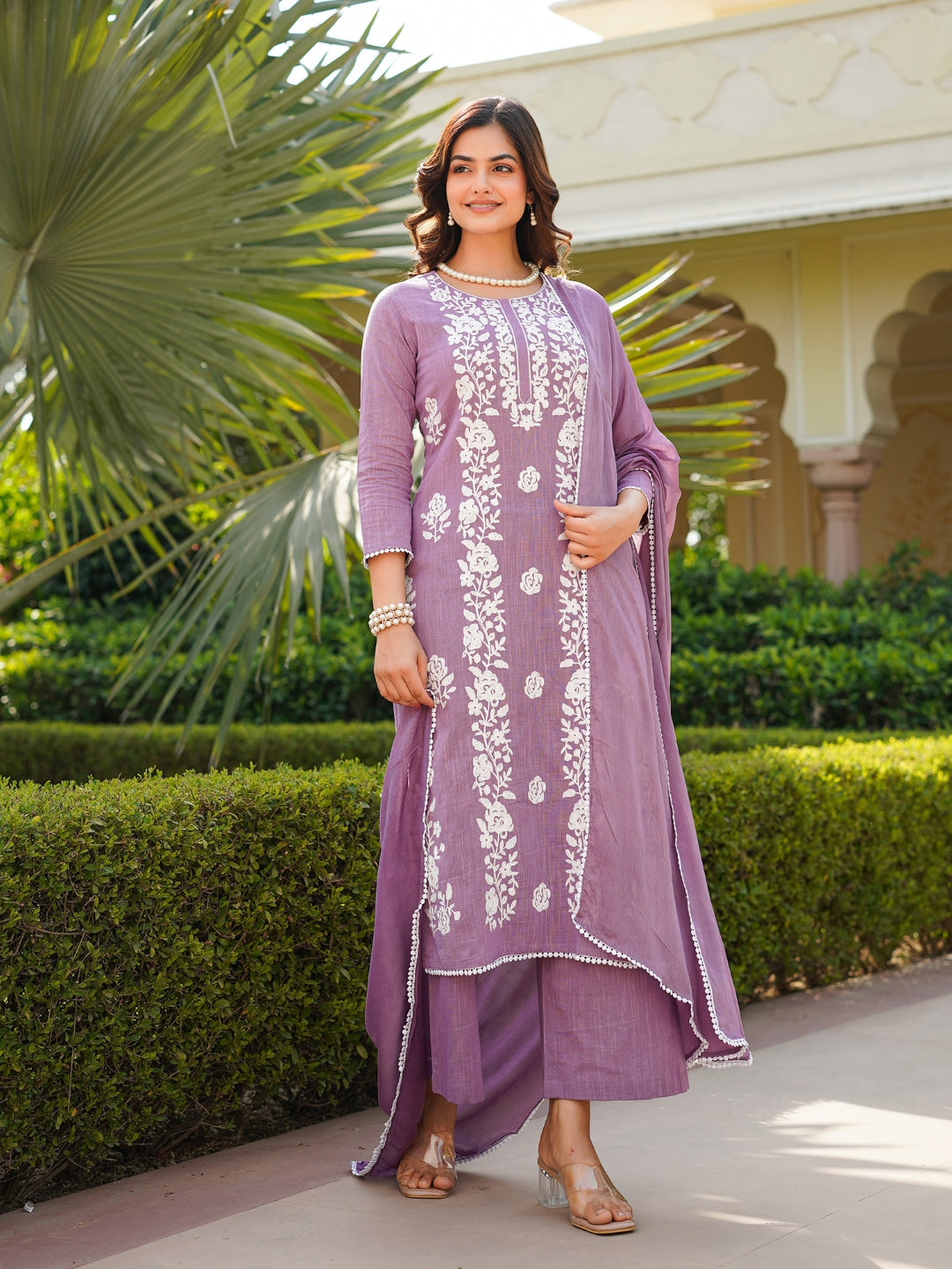 Women Lavender Viscose Solid Embroidered Straight Kurta Palazzo With Dupatta