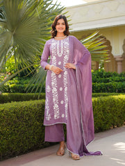 Women Lavender Viscose Solid Embroidered Straight Kurta Palazzo With Dupatta-VKSKD2352