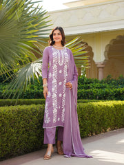 Women Lavender Viscose Solid Embroidered Straight Kurta Palazzo With Dupatta-VKSKD2352