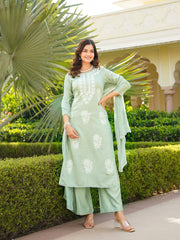 Women Green Viscose Solid Embroidered Straight Kurta Palazzo With Dupatta-VKSKD2353