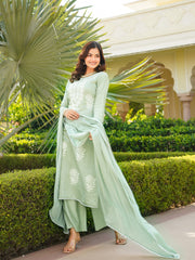 Women Green Viscose Solid Embroidered Straight Kurta Palazzo With Dupatta-VKSKD2353