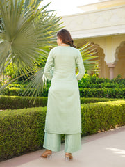 Women Green Viscose Solid Embroidered Straight Kurta Palazzo With Dupatta-VKSKD2353