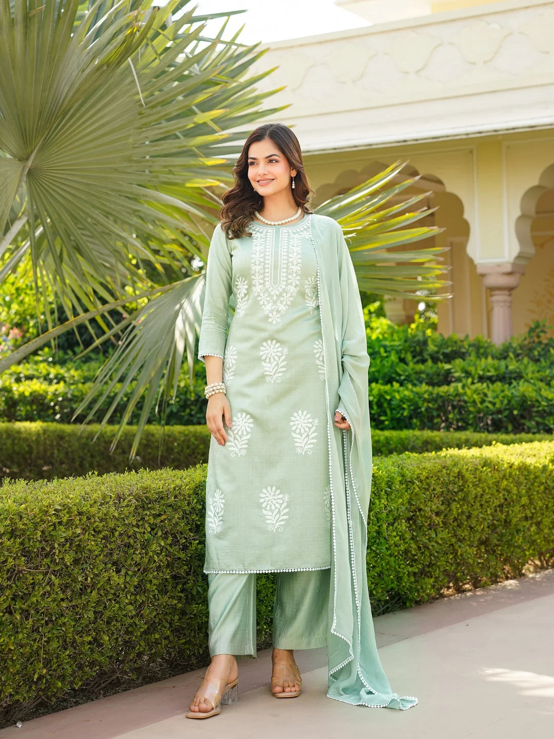 Women Green Viscose Solid Embroidered Straight Kurta Palazzo With Dupatta