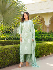 Women Green Viscose Solid Embroidered Straight Kurta Palazzo With Dupatta-VKSKD2353