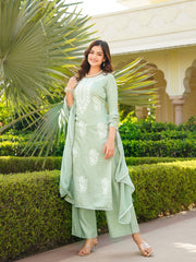 Women Green Viscose Solid Embroidered Straight Kurta Palazzo With Dupatta-VKSKD2353