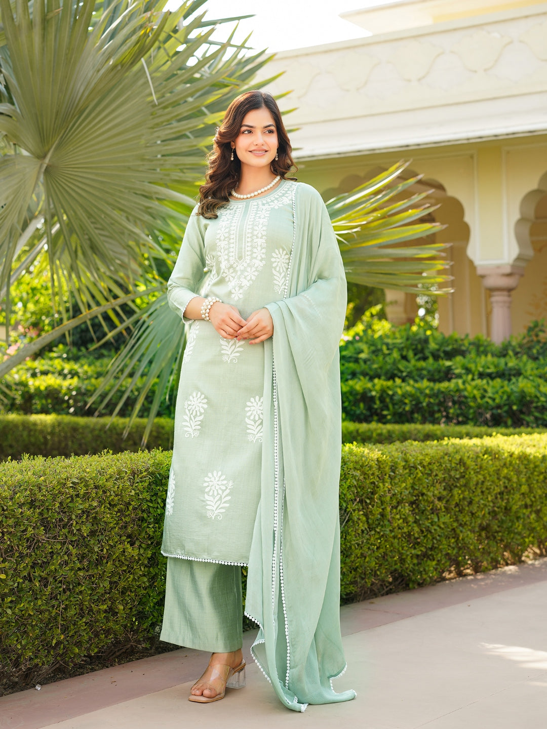 Women Green Viscose Solid Embroidered Straight Kurta Palazzo With Dupatta
