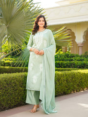 Women Green Viscose Solid Embroidered Straight Kurta Palazzo With Dupatta-VKSKD2353