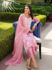 Women Pink Viscose Solid Embroidered Straight Kurta Palazzo With Dupatta-VKSKD2354